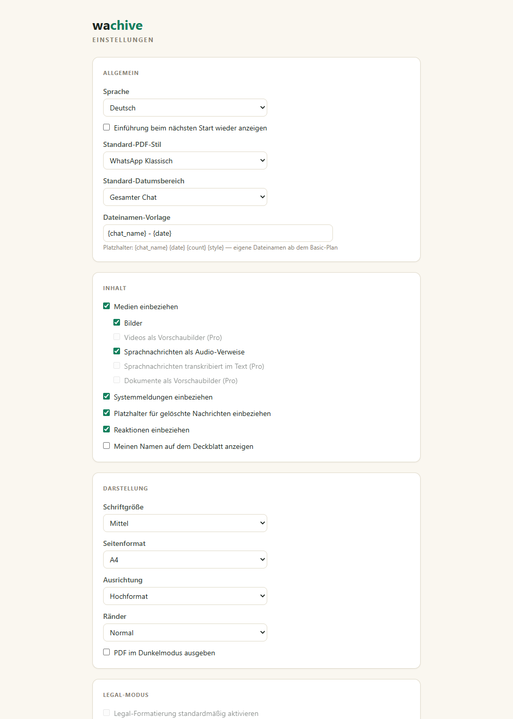 Die wachive-Einstellungsseite mit Optionen für Inhalt, Darstellung und Legal-Modus
