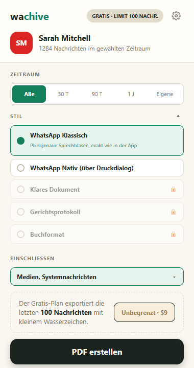 Die aufgeklappte Stilauswahl mit WhatsApp Classic, Nativ, Sauberes Dokument, Gerichtsprotokoll und Buch