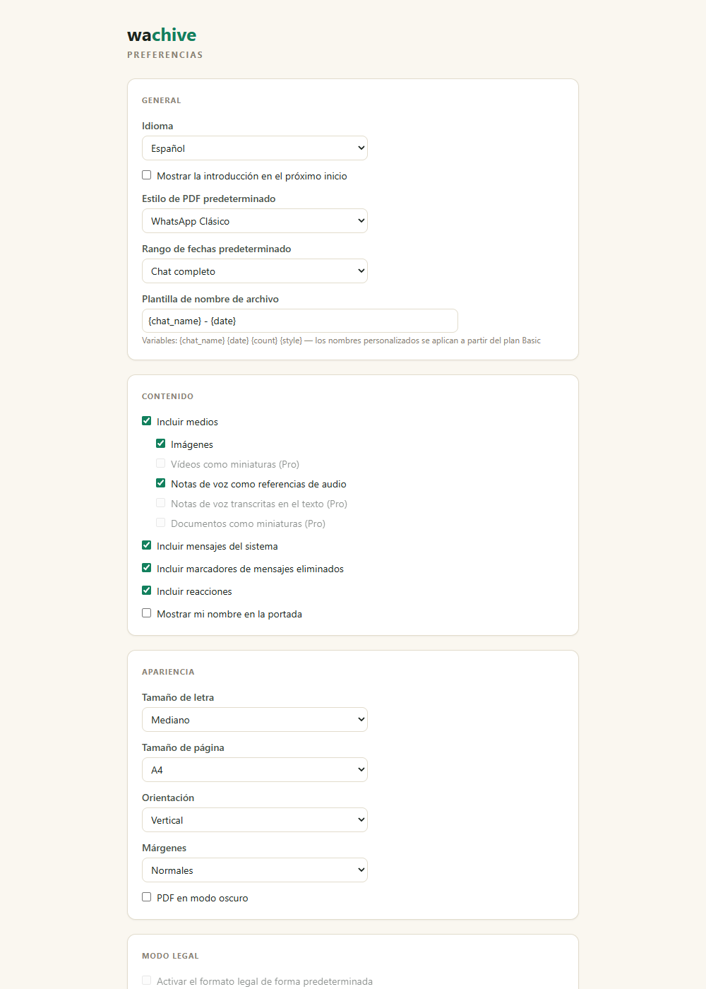 La página de preferencias de wachive con ajustes de contenido, apariencia y modo legal