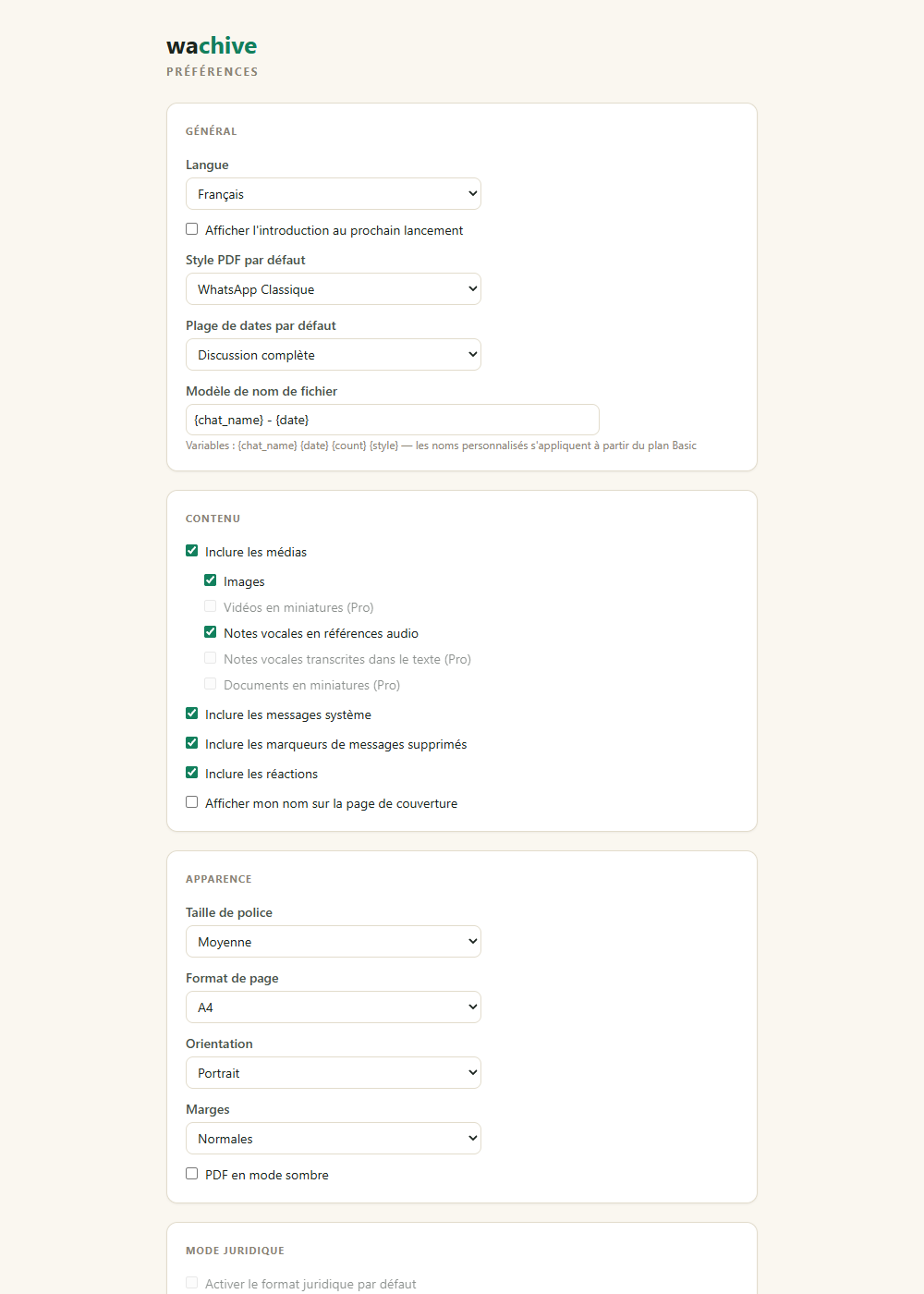 La page de préférences wachive avec les réglages de contenu, d'apparence et du mode juridique