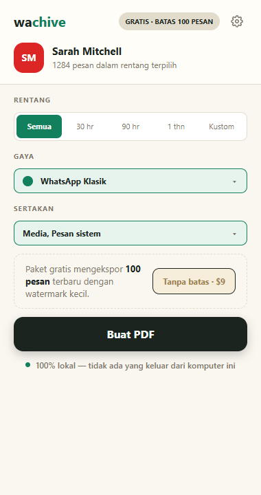Popup wachive dengan chat terpilih, pemilih rentang dan gaya, serta tombol Buat PDF