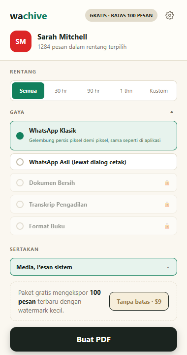 Pemilih gaya terbuka, menampilkan WhatsApp Classic, Native, Dokumen bersih, Transkrip pengadilan, dan Buku