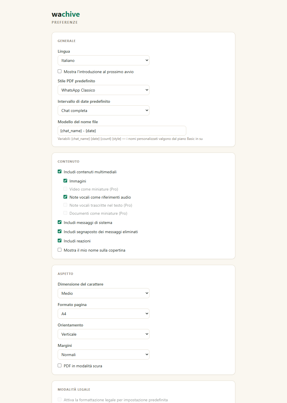 La pagina delle preferenze di wachive con impostazioni di contenuto, aspetto e modalità legale