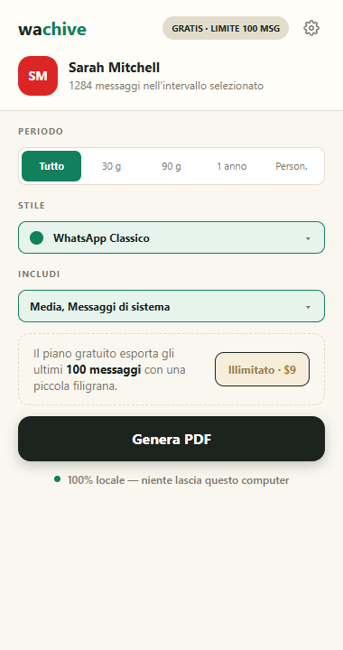 Popup di wachive con una chat selezionata, selettori di intervallo e stile e il pulsante Genera PDF