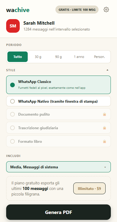 Il selettore di stili aperto, con WhatsApp Classic, Nativo, Documento pulito, Trascrizione giudiziaria e Libro