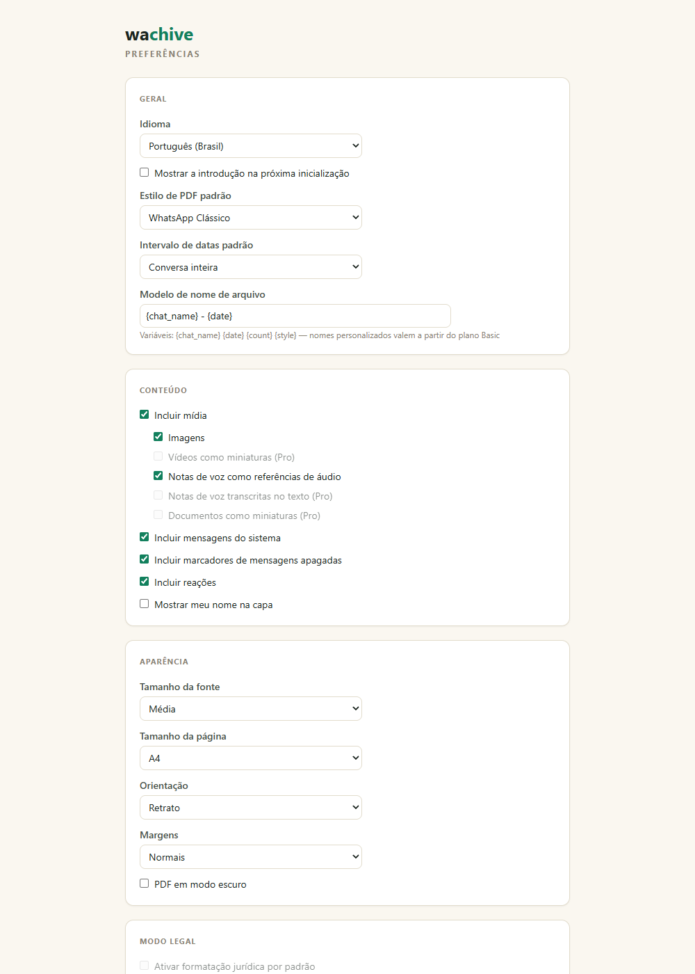 A página de preferências do wachive com configurações de conteúdo, aparência e modo jurídico
