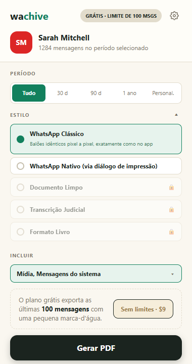 O seletor de estilos expandido, mostrando WhatsApp Classic, Nativo, Documento limpo, Transcrição judicial e Livro